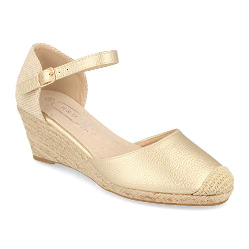 Alpargatas Mujer Estilo Valenciana con Cuna de Yute, Pala Cerrada, Punta de Rafia y Cierre de Pulsera con Hebilla. Primavera Verano 2020. Talla 40 Oro