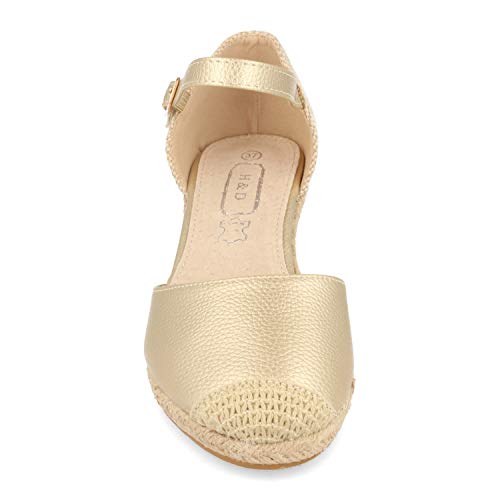 Alpargatas Mujer Estilo Valenciana con Cuna de Yute, Pala Cerrada, Punta de Rafia y Cierre de Pulsera con Hebilla. Primavera Verano 2020. Talla 40 Oro