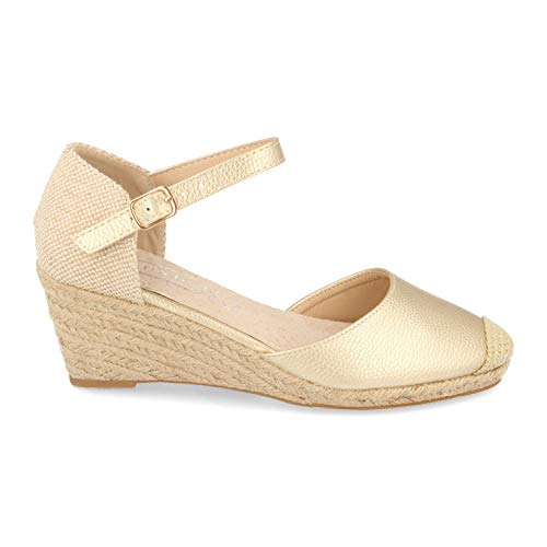 Alpargatas Mujer Estilo Valenciana con Cuna de Yute, Pala Cerrada, Punta de Rafia y Cierre de Pulsera con Hebilla. Primavera Verano 2020. Talla 40 Oro