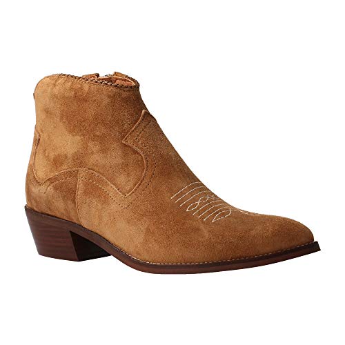ALPE 4578 - Botin Tejano DE Ante Cuero con Dibujo PESPUNTEADO para Mujer Color: Cuero Talla: 39