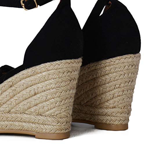 Altamoda Sandalias con Cuña de Yute para Mujer Negro (36)