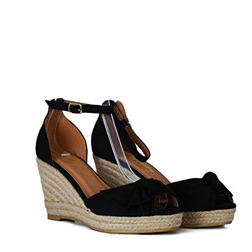 Altamoda Sandalias con Cuña de Yute para Mujer Negro (36)