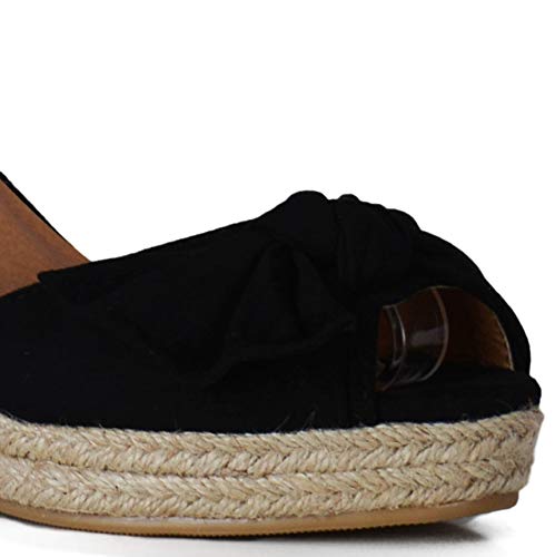 Altamoda Sandalias con Cuña de Yute para Mujer Negro (36)