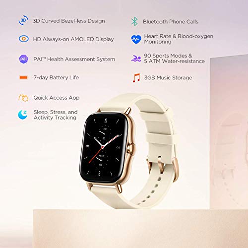 Amazfit GTS 2 Smartwatch Reloj de Pulsera Inteligente con Llamada Bluetooth 90 Modos Deportivos Monitor de saturación de oxígeno Sangre y de Frecuencia Cardíaca Almacenamiento de música de 3 GB Oro