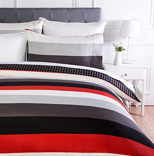 Amazon Basics - Juego de funda nórdica de microfibra ligera de microfibra, 230 x 220 cm, Rojo raya (Red Simple Stripe)