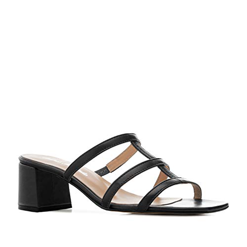 Andres Machado Sandalias 3 Tiras de tacón Ancho - Calzado señora - en Piel Color Negro, Talla 42 EU