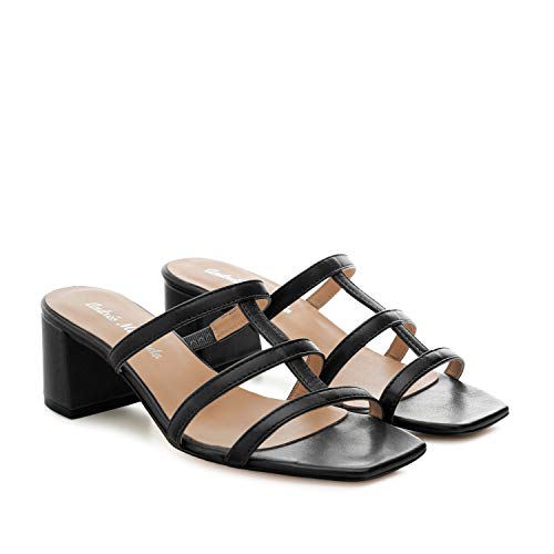 Andres Machado Sandalias 3 Tiras de tacón Ancho - Calzado señora - en Piel Color Negro, Talla 42 EU