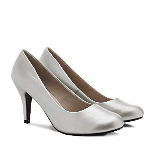 Andres Machado - Zapatos de tacón para Mujer - Tacon de Aguja - ESAM422 - Hora Estilo Retro - Tallas pequeñas, Medianas y Grandes - sin Cordones - Zapato de tacón Soft Plata. EU 39