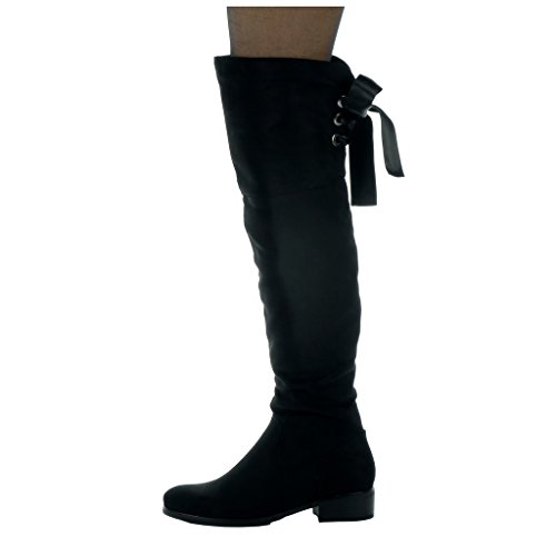 Angkorly - Zapatillas de Moda Botas Altas Cavalier Flexible Mujer Codones de Saten Talón Tacón Ancho Alto 3.5 CM - Plantilla Forrada de Piel - Negro H187 T 36