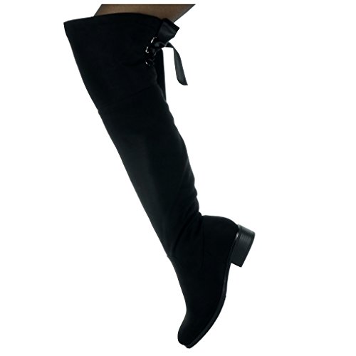 Angkorly - Zapatillas de Moda Botas Altas Cavalier Flexible Mujer Codones de Saten Talón Tacón Ancho Alto 3.5 CM - Plantilla Forrada de Piel - Negro H187 T 36