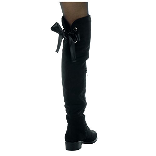 Angkorly - Zapatillas de Moda Botas Altas Cavalier Flexible Mujer Codones de Saten Talón Tacón Ancho Alto 3.5 CM - Plantilla Forrada de Piel - Negro H187 T 36