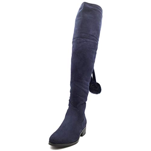 Angkorly - Zapatillas de Moda Botas Altas Cavalier Flexible Mujer Pompom Talón Tacón Ancho Alto 3.5 CM - Plantilla Forrada de Piel - Azul H200 T 37