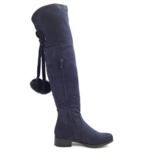 Angkorly - Zapatillas de Moda Botas Altas Cavalier Flexible Mujer Pompom Talón Tacón Ancho Alto 3.5 CM - Plantilla Forrada de Piel - Azul H200 T 37