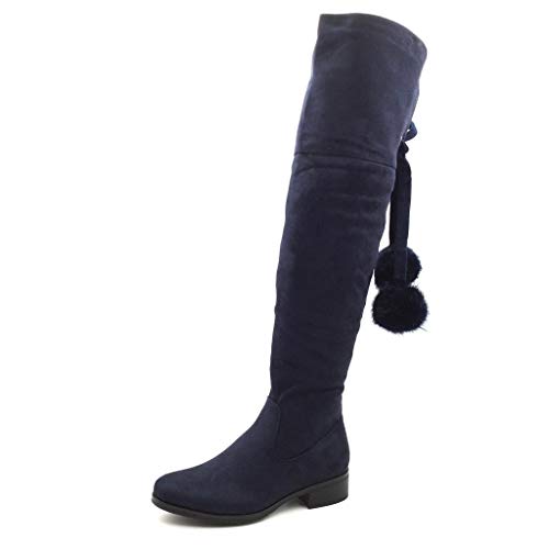 Angkorly - Zapatillas de Moda Botas Altas Cavalier Flexible Mujer Pompom Talón Tacón Ancho Alto 3.5 CM - Plantilla Forrada de Piel - Azul H200 T 37