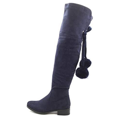 Angkorly - Zapatillas de Moda Botas Altas Cavalier Flexible Mujer Pompom Talón Tacón Ancho Alto 3.5 CM - Plantilla Forrada de Piel - Azul H200 T 37