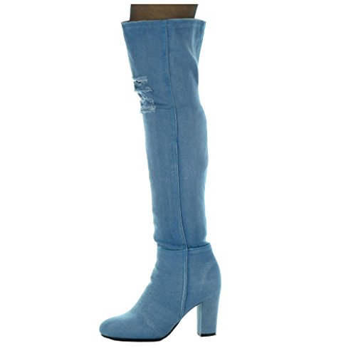 Angkorly - Zapatillas de Moda Botas Altas Cavalier Jeans Denim Flexible Mujer Rasgado Talón Tacón Ancho Alto 8.5 CM - Azul H199 T 36