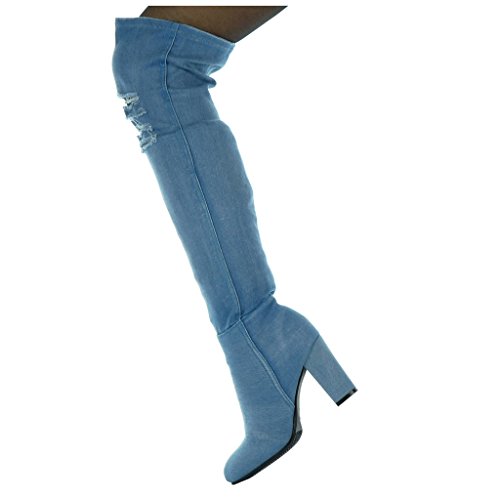 Angkorly - Zapatillas de Moda Botas Altas Cavalier Jeans Denim Flexible Mujer Rasgado Talón Tacón Ancho Alto 8.5 CM - Azul H199 T 36