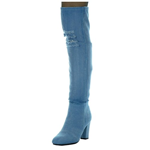 Angkorly - Zapatillas de Moda Botas Altas Cavalier Jeans Denim Flexible Mujer Rasgado Talón Tacón Ancho Alto 8.5 CM - Azul H199 T 36