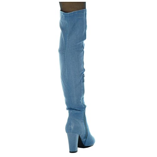 Angkorly - Zapatillas de Moda Botas Altas Cavalier Jeans Denim Flexible Mujer Rasgado Talón Tacón Ancho Alto 8.5 CM - Azul H199 T 36