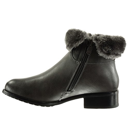 Angkorly - Zapatillas de Moda Botines Cavalier Mujer Piel Fleco Cremallera Talón Tacón Ancho Alto 3.5 CM - Plantilla Forrada de Piel - Gris F1702 T 39