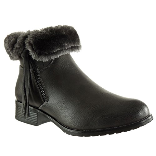 Angkorly - Zapatillas de Moda Botines Cavalier Mujer Piel Fleco Cremallera Talón Tacón Ancho Alto 3.5 CM - Plantilla Forrada de Piel - Gris F1702 T 39