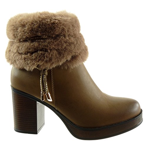 Angkorly - Zapatillas de Moda Botines Cavalier Zapatillas de Plataforma Mujer Tanga Joyas Talón Tacón Ancho Alto 8.5 CM - Plantilla Forrada de Piel - Caqui TH11-1 T 40