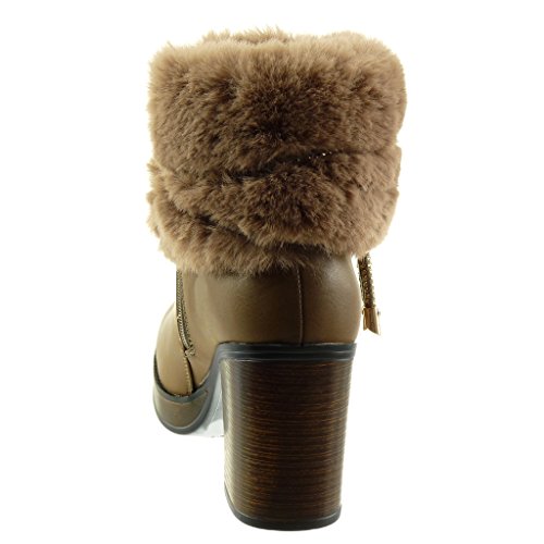 Angkorly - Zapatillas de Moda Botines Cavalier Zapatillas de Plataforma Mujer Tanga Joyas Talón Tacón Ancho Alto 8.5 CM - Plantilla Forrada de Piel - Caqui TH11-1 T 40