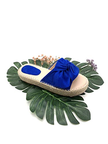 Angkorly - Zapatillas Moda Alpargata Mula Folk/Etnico Playa Chancla Mujer Nudo Trenzado Tacón Plano 3.5 CM - Azul eléctrico TT-61 T 40