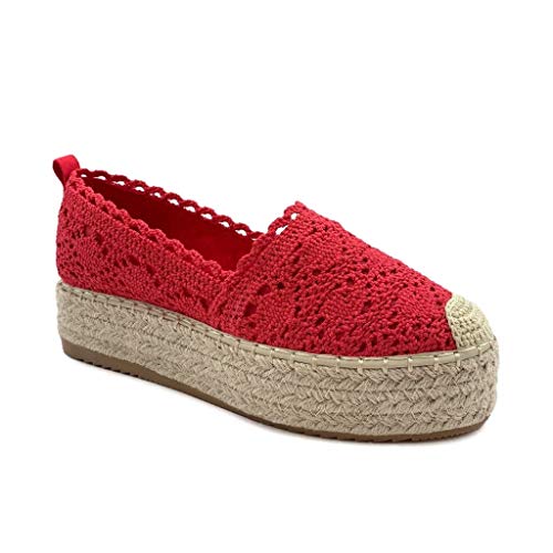 Angkorly - Zapatillas Moda Alpargata Plataforma romántico Mujer Encaje Tacón Plano 4 CM - Rojo 6 YT190 T 40