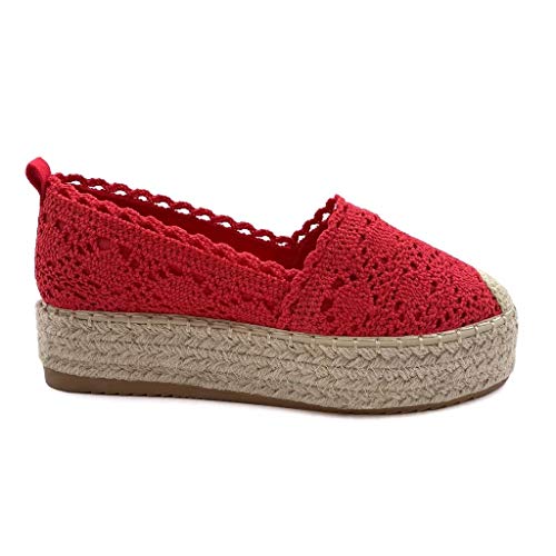 Angkorly - Zapatillas Moda Alpargata Plataforma romántico Mujer Encaje Tacón Plano 4 CM - Rojo 6 YT190 T 40