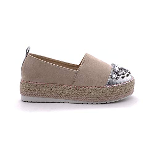Angkorly - Zapatillas Moda Alpargata Slip-on Plataforma Mujer Joyas con Paja Plataforma 4 CM - Beige 4 BL263 T 41