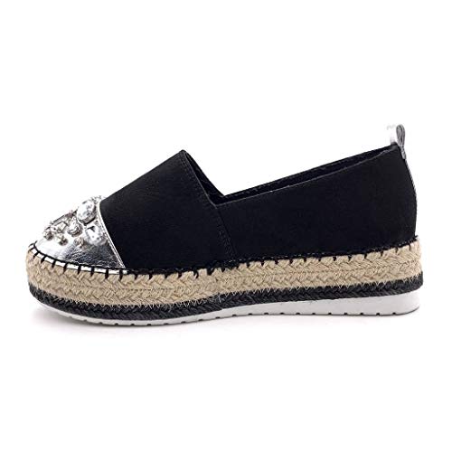 Angkorly - Zapatillas Moda Alpargata Slip-on Plataforma Mujer Joyas con Paja Plataforma 4 CM - Negro 4 BL263 T 36