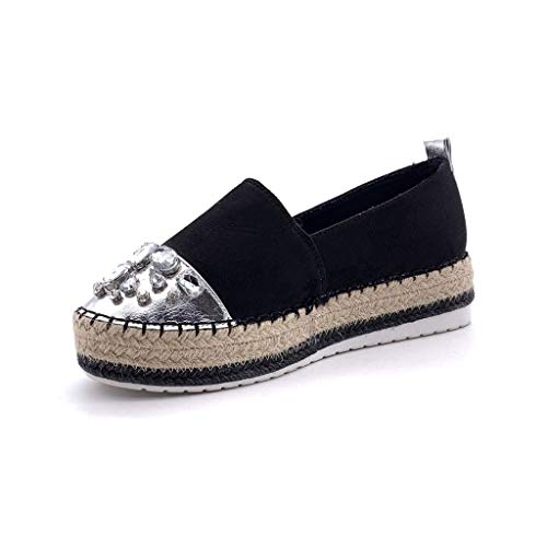 Angkorly - Zapatillas Moda Alpargata Slip-on Plataforma Mujer Joyas con Paja Plataforma 4 CM - Negro 4 BL263 T 38