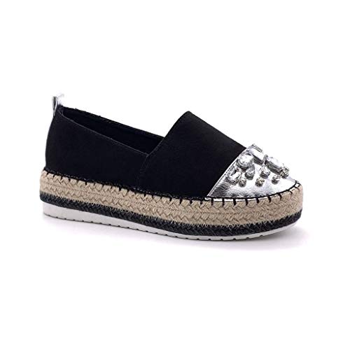 Angkorly - Zapatillas Moda Alpargata Slip-on Plataforma Mujer Joyas con Paja Plataforma 4 CM - Negro 4 BL263 T 38