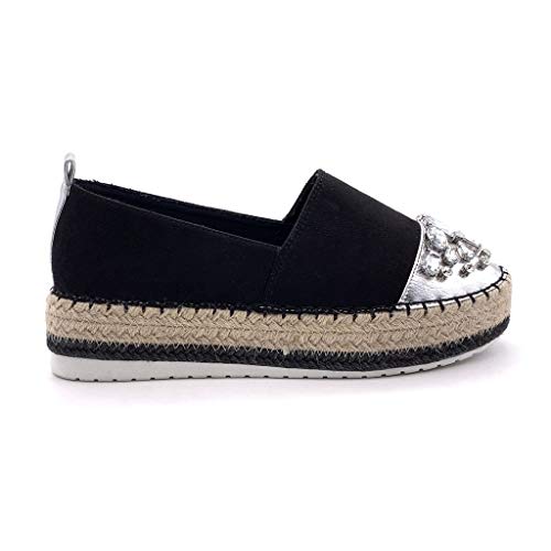 Angkorly - Zapatillas Moda Alpargata Slip-on Plataforma Mujer Joyas con Paja Plataforma 4 CM - Negro 4 BL263 T 38