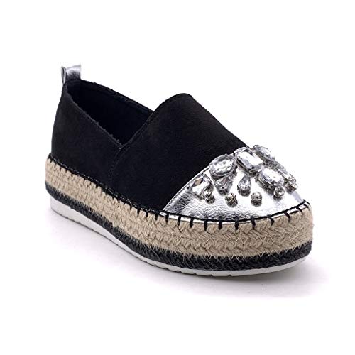 Angkorly - Zapatillas Moda Alpargata Slip-on Plataforma Mujer Joyas con Paja Plataforma 4 CM - Negro 4 BL263 T 39