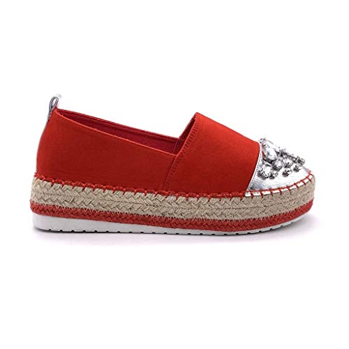 Angkorly - Zapatillas Moda Alpargata Slip-on Plataforma Mujer Joyas con Paja Plataforma 4 CM - Rojo 4 BL263 T 37