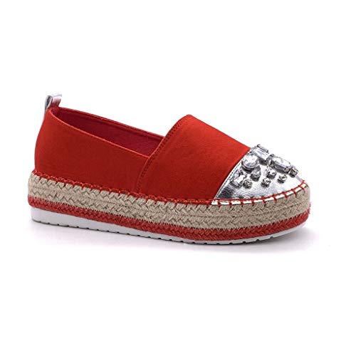 Angkorly - Zapatillas Moda Alpargata Slip-on Plataforma Mujer Joyas con Paja Plataforma 4 CM - Rojo 4 BL263 T 37