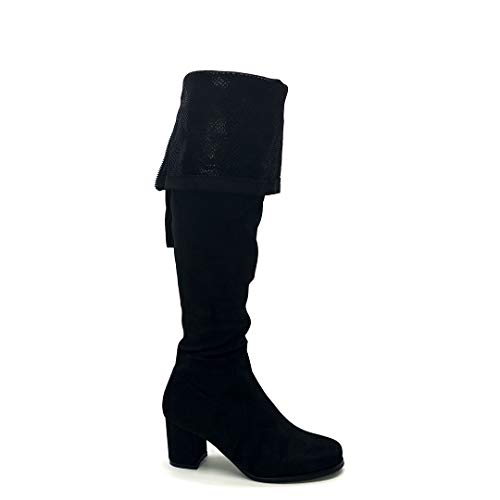 Angkorly - Zapatillas Moda Botas Altas Botas Cavalier Biker Motociclistas Flexible Mujer Pompom básica  Tacón Ancho Alto 6.5 CM - Negro LH49-1 T 38