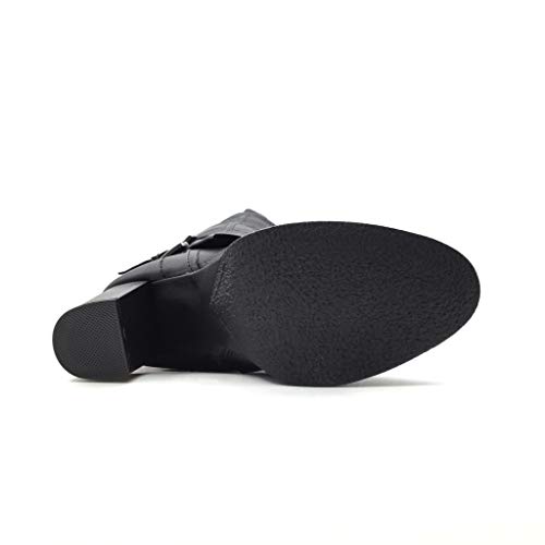 Angkorly - Zapatillas Moda Botas Altas Botas Cavalier Biker Motociclistas Flexible Mujer Tachonado Piel de Serpiente Hebilla Tacón Ancho Alto 8 CM Forrada de Piel - Negro F3028 T 36