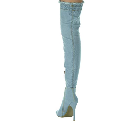 Angkorly - Zapatillas Moda Botas Altas Jeans Denim Stiletto Sexy Mujer deshilachada Tacón de Aguja 11 CM - Azul Claro M6202-1 T 38