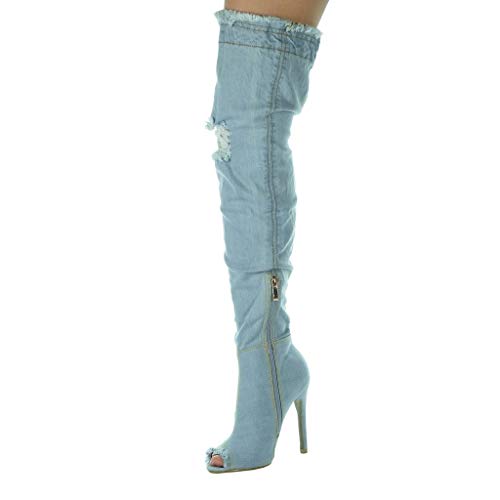 Angkorly - Zapatillas Moda Botas Altas Jeans Denim Stiletto Sexy Mujer deshilachada Tacón de Aguja 11 CM - Azul Claro M6202-1 T 38