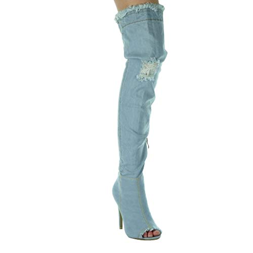 Angkorly - Zapatillas Moda Botas Altas Jeans Denim Stiletto Sexy Mujer deshilachada Tacón de Aguja 11 CM - Azul Claro M6202-1 T 40