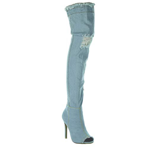Angkorly - Zapatillas Moda Botas Altas Jeans Denim Stiletto Sexy Mujer deshilachada Tacón de Aguja 11 CM - Azul Claro M6202-1 T 40