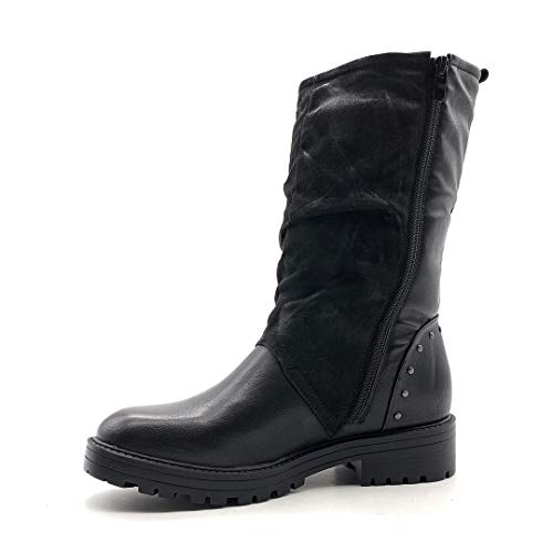 Angkorly - Zapatillas Moda Botas Biker - Moto Biker Rock Mujer Solapa Tachonado Bloque 4 CM - Negro 2 F3006-1 T 37