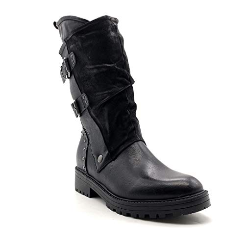 Angkorly - Zapatillas Moda Botas Biker - Moto Biker Rock Mujer Solapa Tachonado Bloque 4 CM - Negro 2 F3006-1 T 37