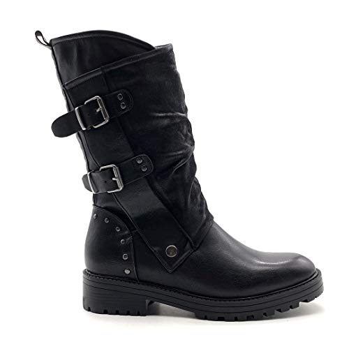 Angkorly - Zapatillas Moda Botas Biker - Moto Biker Rock Mujer Solapa Tachonado Bloque 4 CM - Negro 2 F3006-1 T 37