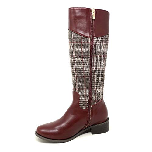 Angkorly - Zapatillas Moda Botas Botas Altas Cavalier Biker Motociclistas BCBG Mujer Cuadros Rayas Hebilla Tacón Ancho 4 CM - Burdeos 1337 T 37