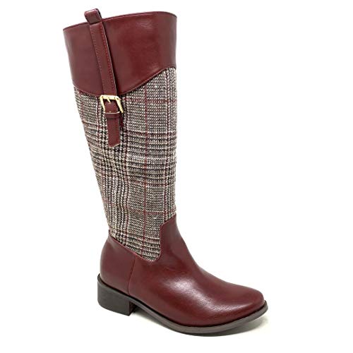 Angkorly - Zapatillas Moda Botas Botas Altas Cavalier Biker Motociclistas BCBG Mujer Cuadros Rayas Hebilla Tacón Ancho 4 CM - Burdeos 1337 T 37