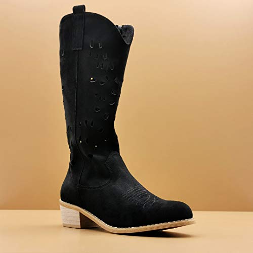 Angkorly - Zapatillas Moda Botas Botines santiags Cowboy Vaquero Flexible Folk/Etnico Mujer Perforado Efecto Madera Tacón Ancho 4.5 CM - Negro AB69 T 40